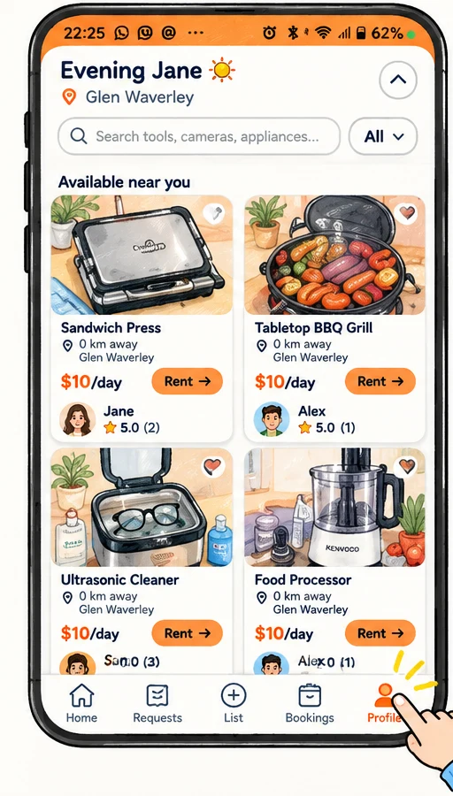 Home screen with the Profile tab highlighted