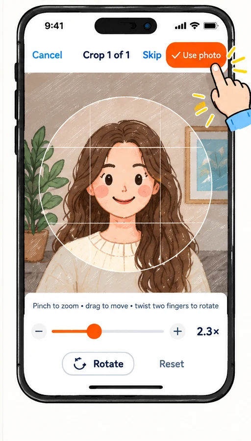 Crop view with a face centred in the circle and the Use photo button