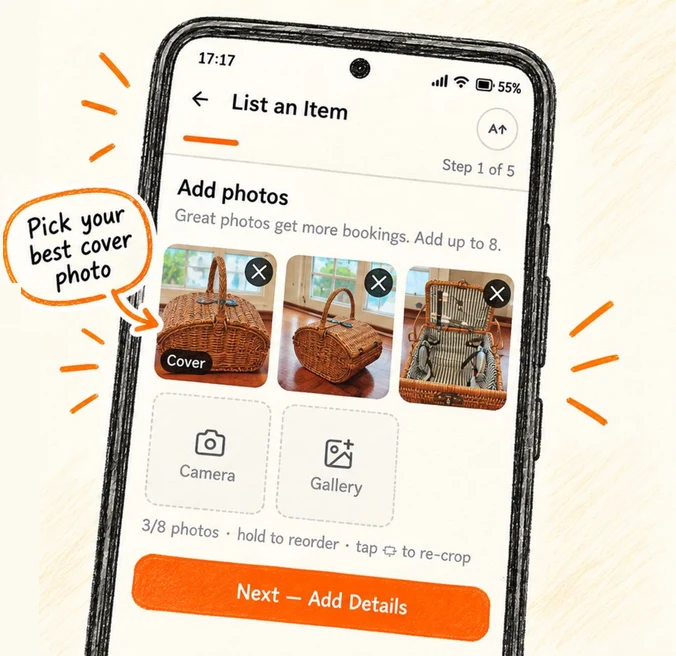 List an Item step 1 with the photo grid, Camera and Gallery buttons and Next - Add Details