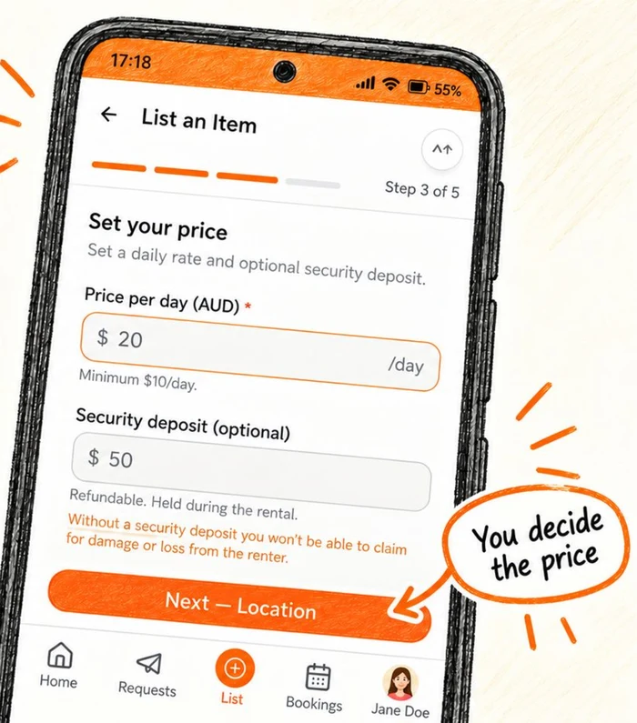 Set your price step with price per day and optional security deposit