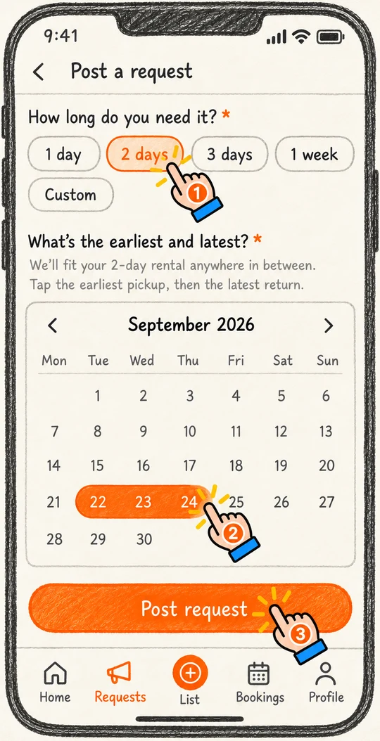 Duration chips, the date-range calendar and the Post request button