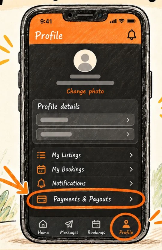 Profile page with the Payments and Payouts row highlighted