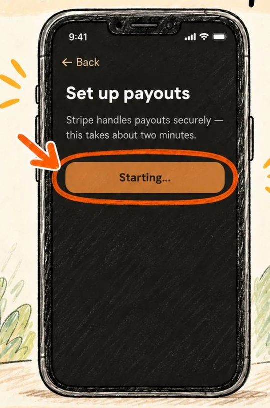 Set up payouts screen with the orange start button