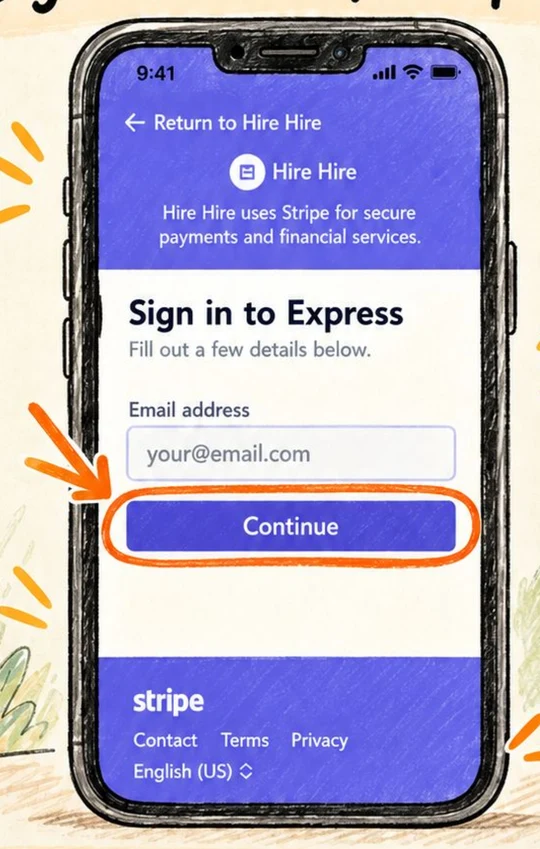 Stripe Sign in to Express page with an email field and Continue button
