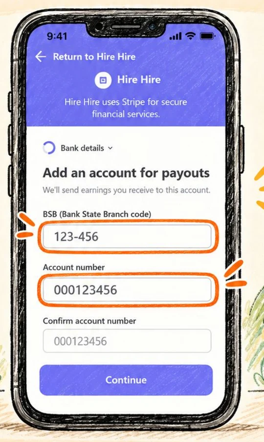 Stripe bank details page with BSB and account number fields