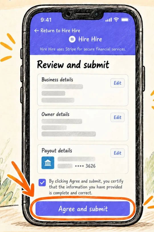 Stripe Review and submit page with the Agree and submit button