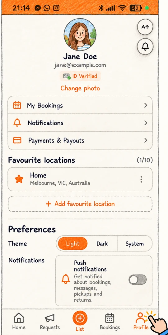 Profile page with the Preferences section and Push notifications switch off