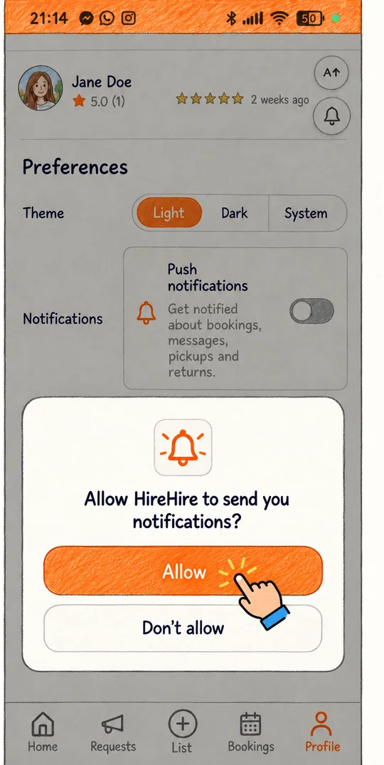 Permission prompt asking Allow HireHire to send you notifications